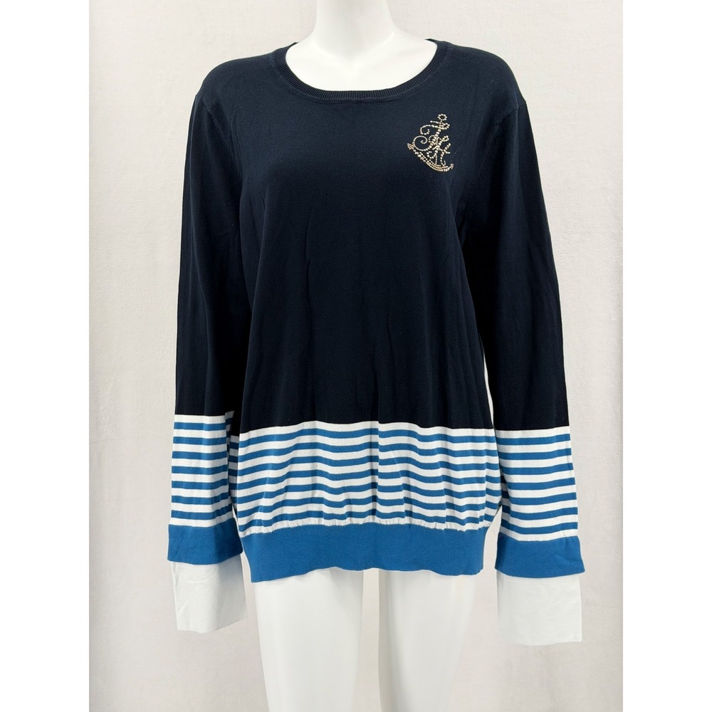 Tommy Hilfiger Sweater Womens XXL Navy Striped Nautical Anchor Crest Preppy Fall